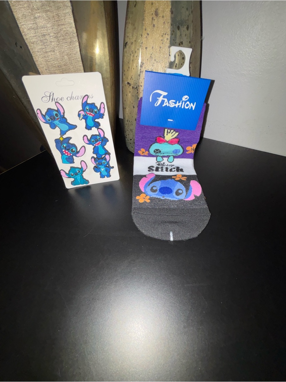 Purple & Black Stitch Character Socks and Croc Charms.